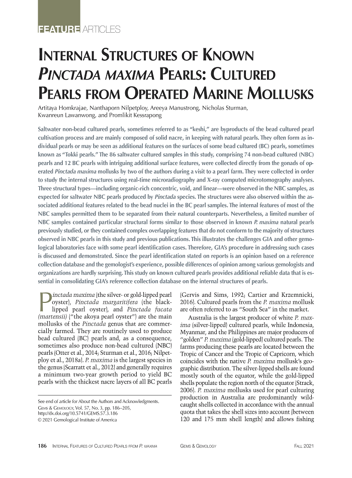 Internal Structures of Known Pinctada maxima Pearls: Cultured Pearls from Operated Marine Mollusks
